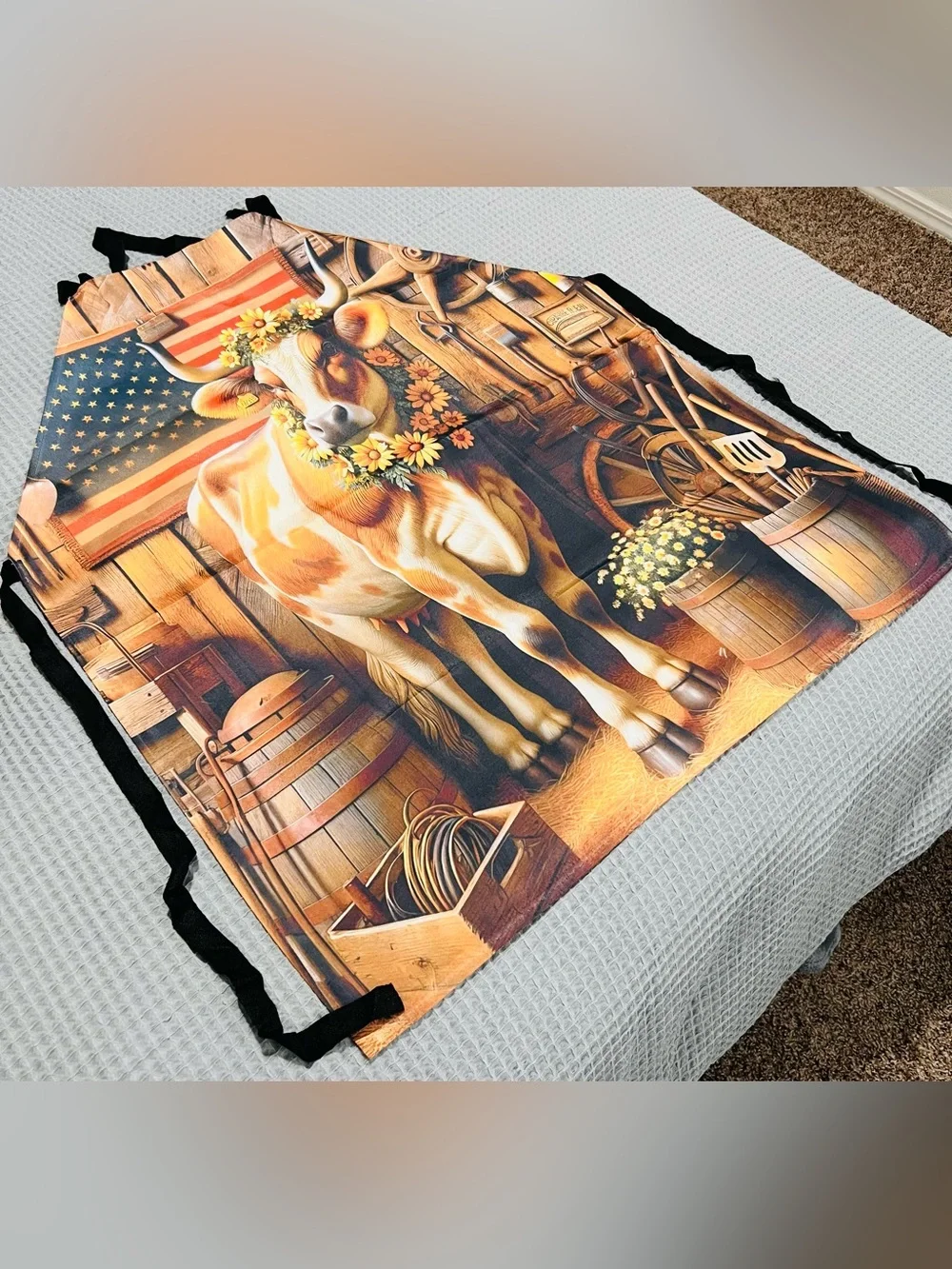 Farmhouse Cow Apron Patriotic American Flag Floral Kitchen BBQ New